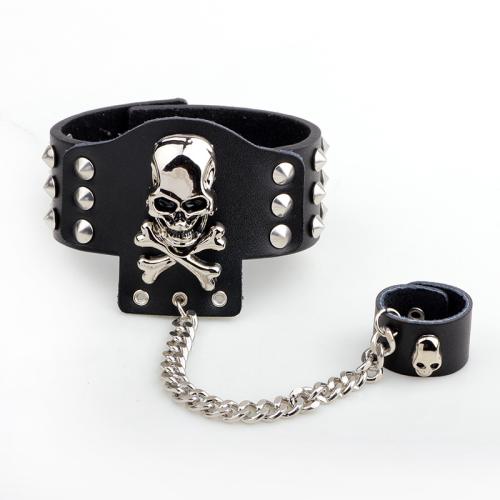 Zinc Alloy Bracelet Ring with Cowhide plated fashion jewelry & Unisex black Length 22 cm Sold By PC