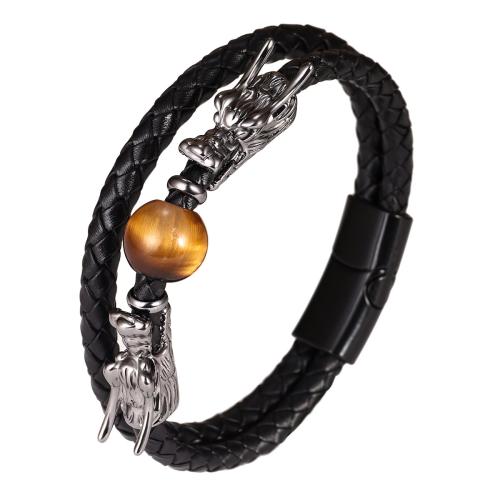 PU Leather Cord Bracelets, Tibetan Style, with PU Leather & Tiger Eye, plated, fashion jewelry & different length for choice & Unisex, black, Sold By PC