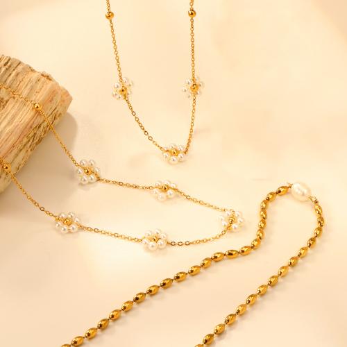 Titanium Steel Necklace with Plastic Pearl gold color plated fashion jewelry & for woman Sold By PC