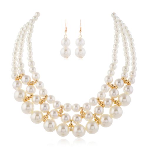 Tibetan Style Jewelry Set, earring & necklace, with Plastic Pearl, 2 pieces & for woman & with rhinestone, white, Sold By Set