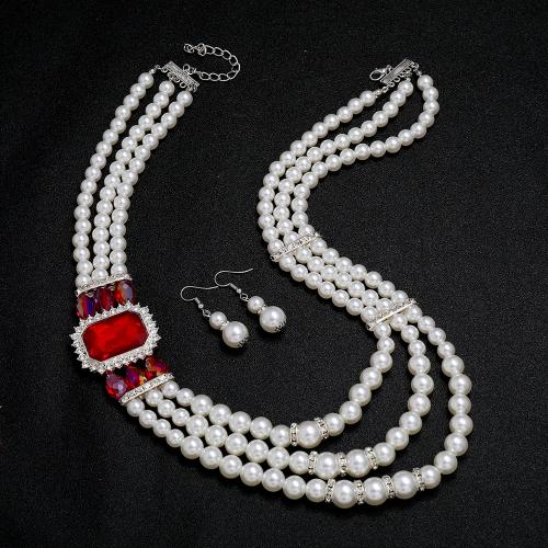 Tibetan Style Jewelry Set, with Plastic Pearl, 2 pieces & for woman & with rhinestone, more colors for choice, Sold By Set