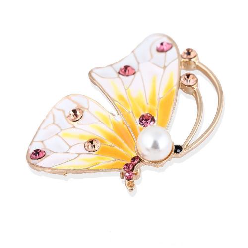 Tibetan Style Brooches, with Plastic Pearl, Butterfly, plated, for woman & enamel & with rhinestone, gold, 46x35mm, Sold By PC