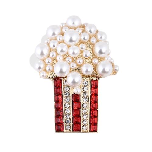 Tibetan Style Brooches, with Plastic Pearl, plated, for woman & with rhinestone, gold, 49x34mm, Sold By PC