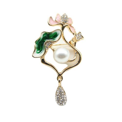 Tibetan Style Brooches, with Plastic Pearl, plated, for woman & enamel & with rhinestone, golden, Sold By PC