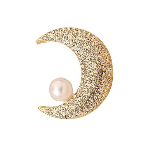 Tibetan Style Brooches, with Plastic Pearl, Moon, plated, for woman & with rhinestone, gold, Sold By PC