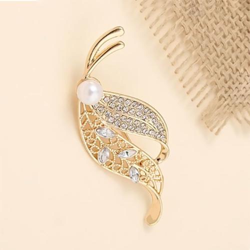 Tibetan Style Brooches, with Plastic Pearl, plated, for woman & with rhinestone, gold, 48mm, Sold By PC