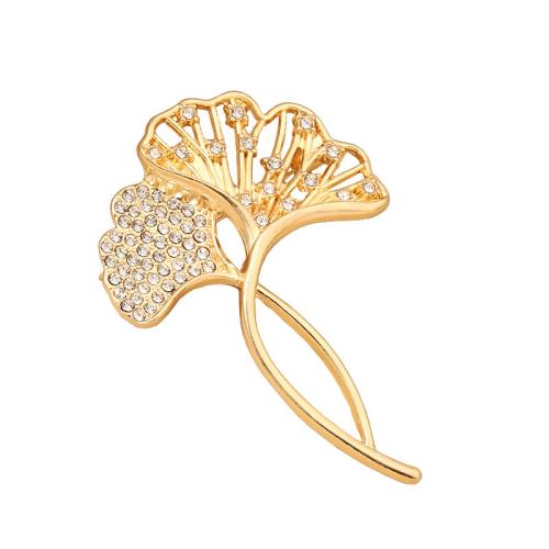 Tibetan Style Brooches, Ginkgo Leaf, plated, for woman & with rhinestone, gold, Sold By PC