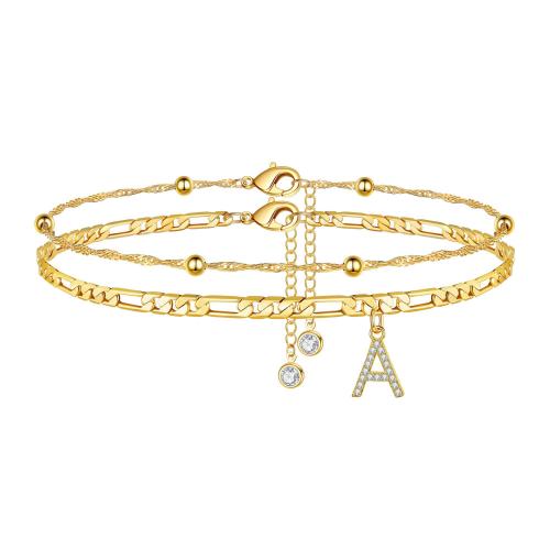 Anklet de acero inoxidable, acero inoxidable 304, diferentes estilos para la opción & micro arcilla de zirconia cúbica & para mujer, dorado, longitud:aproximado 19 cm, Vendido por UD