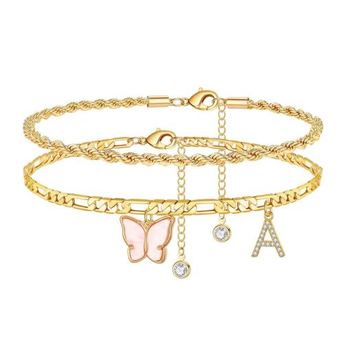 Brass Anklet, with 5cm extender chain, letters are from A to Z & different styles for choice & micro pave cubic zirconia & for woman, golden, Length:Approx 22 cm, Sold By PC