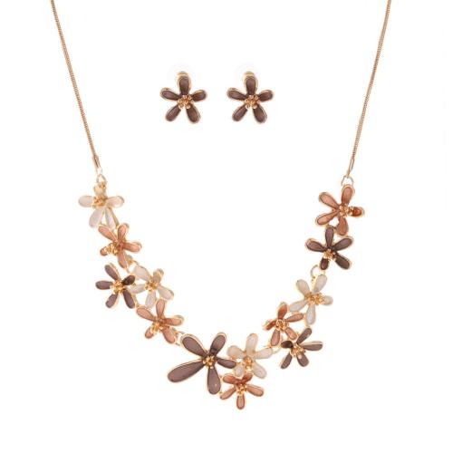 Zinc Alloy Jewelry Set Stud Earring & necklace Flower plated 2 pieces & snake chain & for woman & enamel Sold By Set