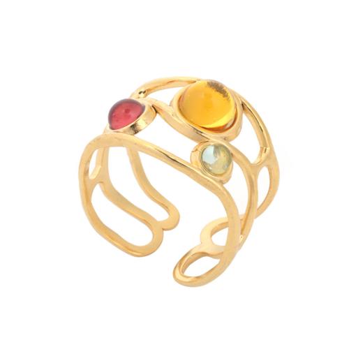 304 Stainless Steel Cuff Finger Ring, with Resin, gold color plated, for woman & hollow, US Ring Size:6.5, Sold By PC