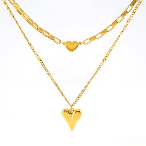 304 Stainless Steel Necklace, with Titanium Steel, Heart, 18K gold plated, cross chain & Double Layer & for woman, Sold By PC