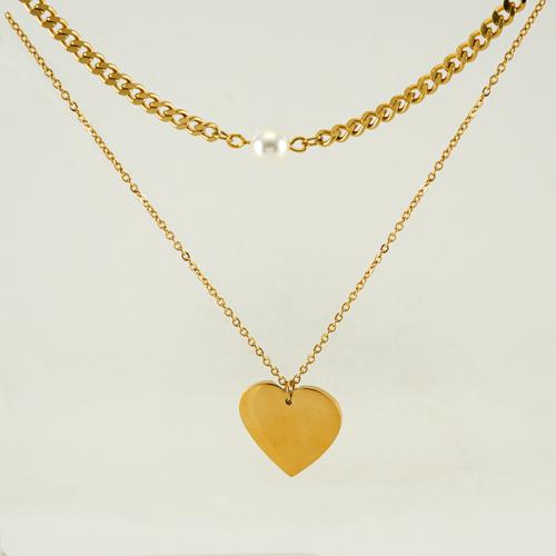 304 Stainless Steel Necklace, with Titanium Steel & Plastic Pearl, Heart, 18K gold plated, cross chain & Double Layer & for woman, Sold By PC