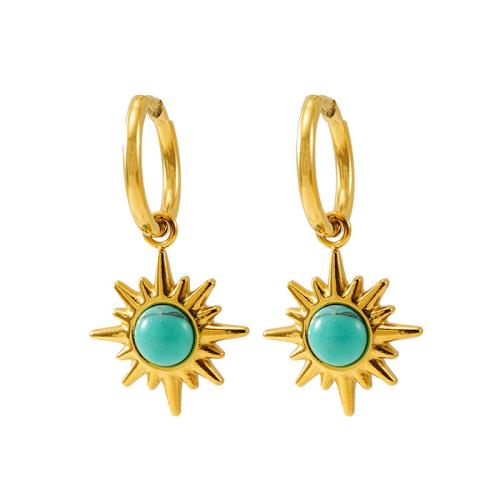 Acier inoxydable 304 Boucles d'oreilles pendantes Hoop Huggie, avec turquoise, Motif géométrique, Plaqué or 18K, bijoux de mode & pour femme, 34mm, Vendu par paire