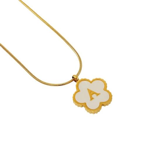 304 Stainless Steel Necklace, with Titanium Steel & Resin Shell, Flower, 18K gold plated, snake chain & different styles for choice & with letter pattern & for woman, Length:Approx 17.7 Inch, Sold By PC