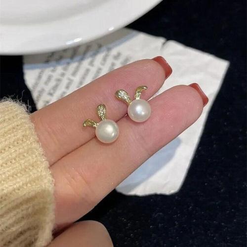 Brass Stud Earring with Plastic Pearl fashion jewelry & for woman & with rhinestone Sold By Pair