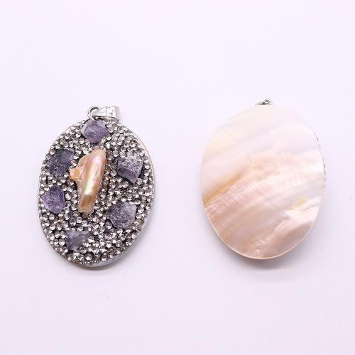 Shell Pendants, with pearl & Amethyst & Brass, Oval, silver color plated, DIY & with rhinestone, more colors for choice, 35x43mm, Sold By PC