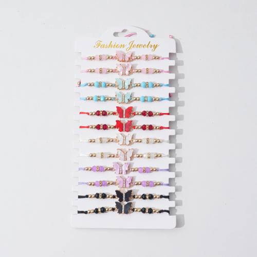 Zinc Alloy Bracelet Knot Cord with Crystal & Zinc Alloy Butterfly handmade 12 pieces & Adjustable & fashion jewelry & for woman mixed colors Length Approx 16-28 cm Sold By Set