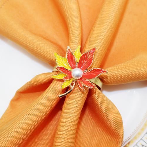 Tibetan Style Napkin Ring, with Plastic Pearl, Maple Leaf, gold color plated, for home and office & enamel, more colors for choice, nickel, lead & cadmium free, 39x44mm, Sold By PC