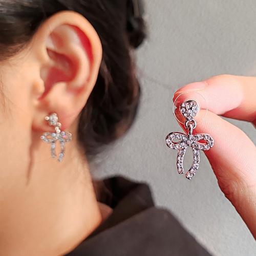 Tibetan Style Drop Earrings, Bowknot, silver color plated, fashion jewelry & with rhinestone, silver color, nickel, lead & cadmium free, 13x22mm, Sold By Pair