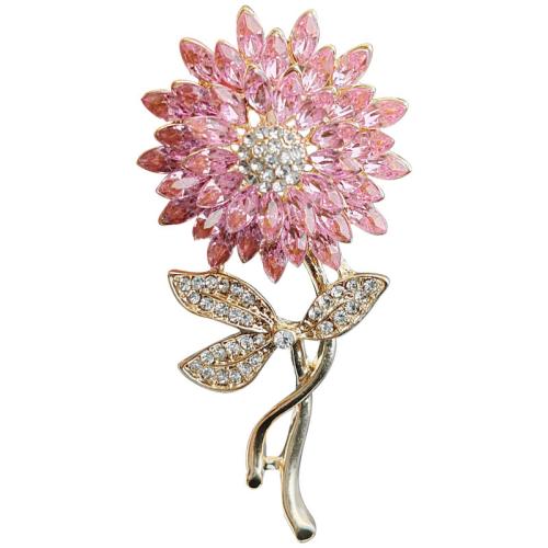 Broches en alliage de zinc, fleur, Placage, bijoux de mode & avec strass, rose, protéger l'environnement, sans nickel, plomb et cadmium, 30x60mm, Vendu par PC