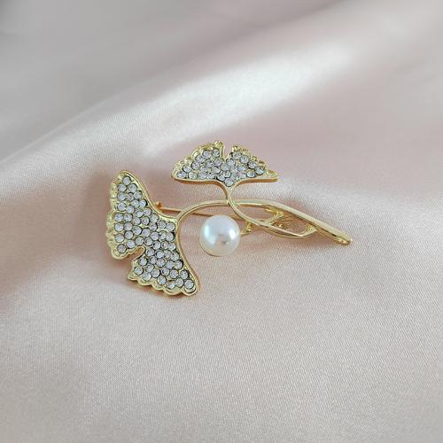 Zinc Alloy Brooches with Plastic Pearl Ginkgo Leaf gold color plated fashion jewelry & with rhinestone golden nickel lead & cadmium free Sold By PC