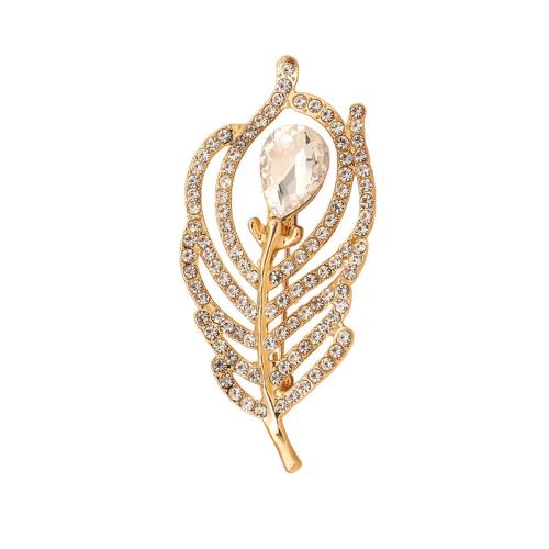 Zinc Alloy Brooches Feather plated for woman & with rhinestone gold Sold By PC