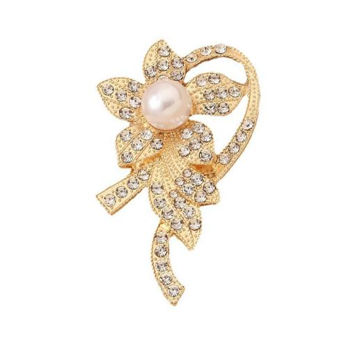 Tibetan Style Brooches, with Plastic Pearl, Flower, plated, for woman & with rhinestone, gold, Sold By PC