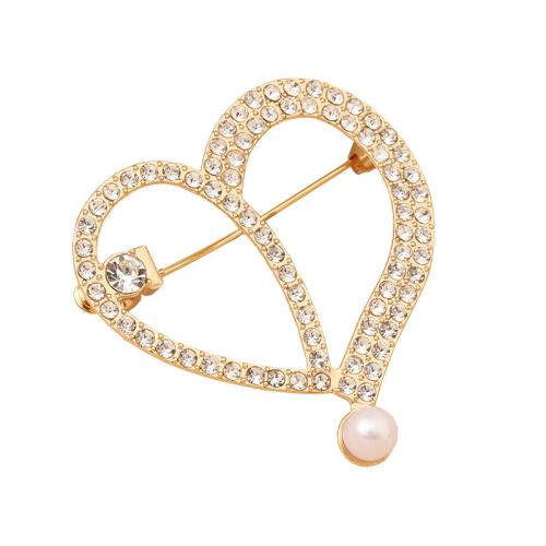 Zinc Alloy Brocher, med Plastic Pearl, Heart, forgyldt, forskellige stilarter for valg & for kvinde & med rhinestone, guld, Solgt af PC