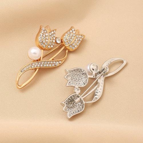 Tibetan Style Brooches, with Plastic Pearl, Tulip, plated, for woman & with rhinestone, more colors for choice, 25x55mm, Sold By PC