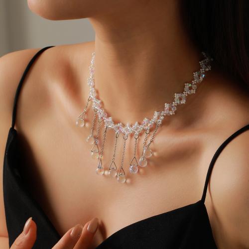 Zinc Alloy Jewelry Necklace with Seedbead & Crystal plated for woman & with rhinestone silver color Length Approx 31-40 cm Sold By PC