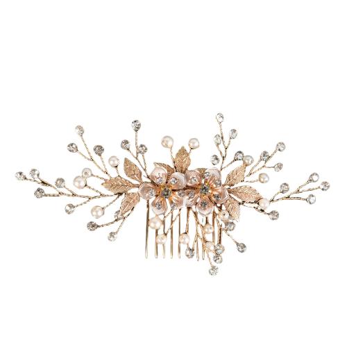 Zinc Alloy Decorative Hair Comb with Plastic Pearl handmade for woman & with rhinestone gold Sold By PC