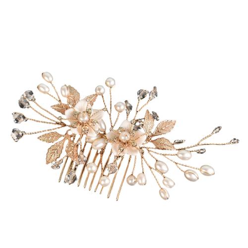 Zinc Alloy Decorative Hair Comb with Resin & Plastic Pearl handmade for woman & with rhinestone gold Sold By PC