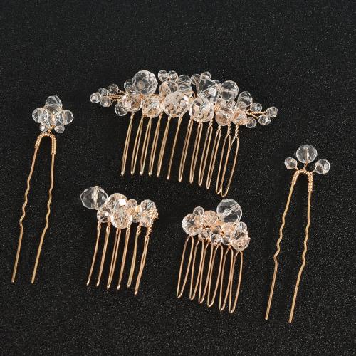 Zinc Alloy Hair Jewelry Set hair comb & hair stick with Crystal plated 5 pieces & for woman gold Sold By Set