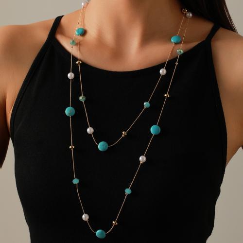 alliage de zinc collier de chandail, avec turquoise & pierre gemme & perle de plastique, Placage, pour femme, plus de couleurs à choisir, Longueur:Environ 71-80 cm, Vendu par PC