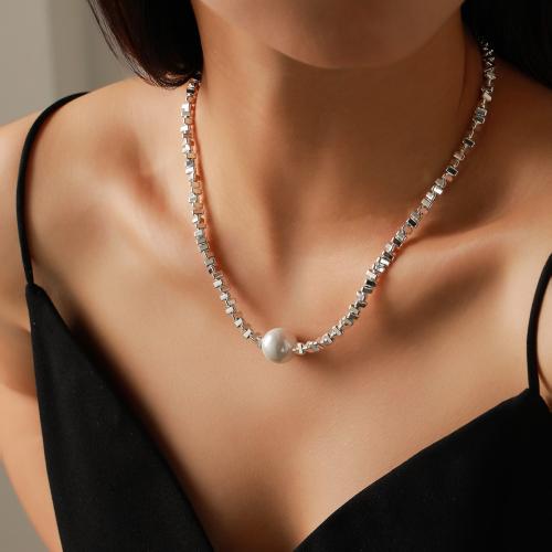 Zinc Alloy Jewelry Necklace with Plastic Pearl plated for woman silver color Length Approx 41-50 cm Sold By PC