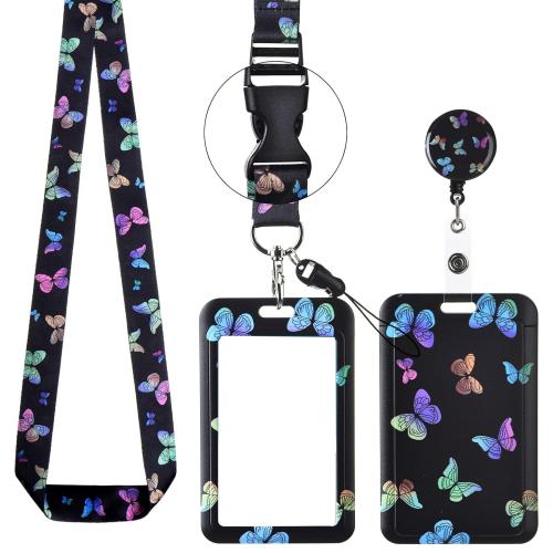 Polyester Lanyard Card Holder, with ABS Plastic, three pieces & retractable, black, Sold By Set