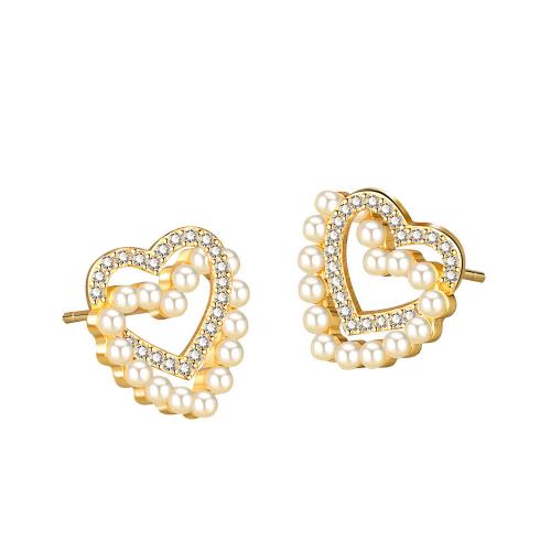 Boucles d'oreilles en laiton zircon cubique pavent, avec perle de plastique, Placage, pavé de micro zircon & pour femme, plus de couleurs à choisir, 13.70x13.70mm, Vendu par paire