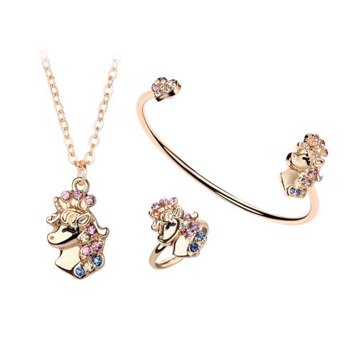 Zinc Alloy Jewelry Sets cuff bangle & finger ring & necklace plated three pieces & for woman & with rhinestone Sold By Set