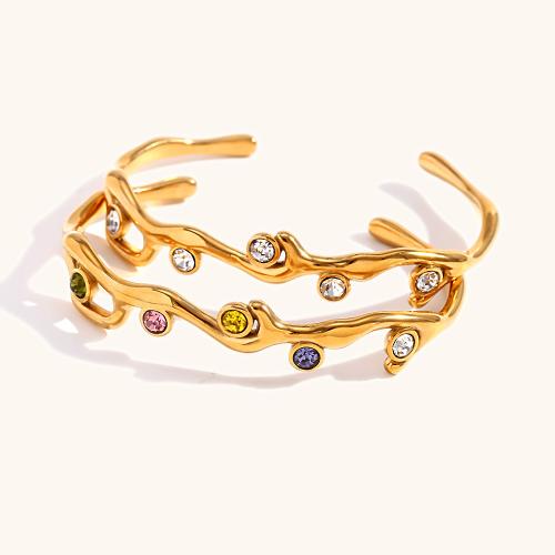 Stainless Steel Bangle, 304 Stainless Steel, 18K gold plated, fashion jewelry & for woman & with rhinestone, golden, Sold By PC