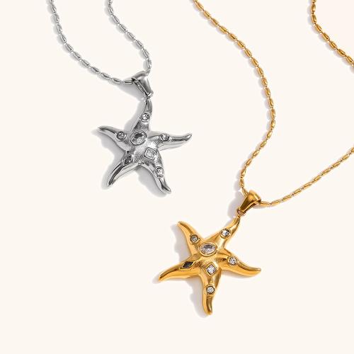 Stainless Steel Jewelry Necklace, 304 Stainless Steel, with 5cm extender chain, Starfish, Vacuum Ion Plating, fashion jewelry & micro pave cubic zirconia & for woman, more colors for choice, 27.60x37.20mm, Sold Per Approx 45 cm Strand