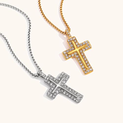 Stainless Steel Jewelry Necklace, 316L Stainless Steel, with 5cm extender chain, Cross, Vacuum Ion Plating, fashion jewelry & for woman & with rhinestone, more colors for choice, 24.40x42.90mm, Sold Per Approx 50 cm Strand