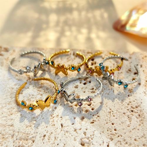 Rhinestone Stainless Steel Finger Ring, 304 Stainless Steel, Butterfly, fashion jewelry & for woman & with rhinestone, more colors for choice, diameter 17mm, Sold By PC