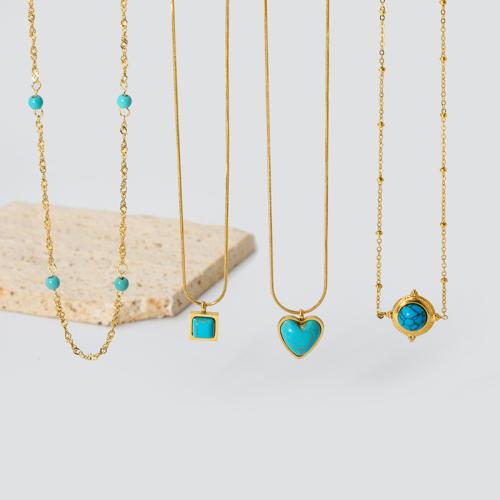 Stainless Steel Jewelry Necklace, 304 Stainless Steel, with turquoise, 18K gold plated, fashion jewelry & different styles for choice & for woman, golden, Sold By PC