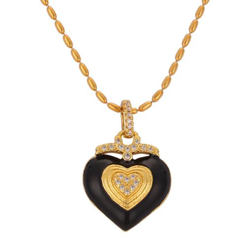 Titanium Steel Necklace with 6cm extender chain Heart for woman & enamel & with rhinestone golden Length Approx 38 cm Sold By PC