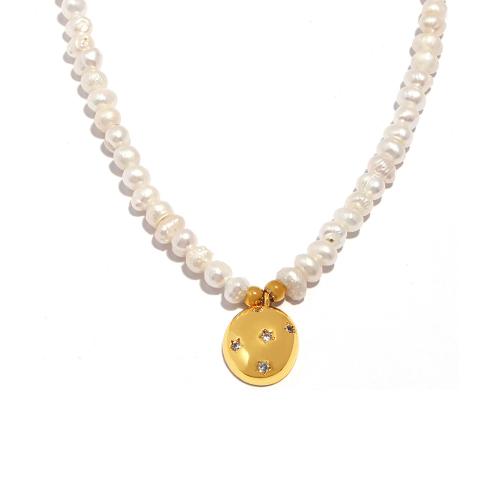 Freshwater Pearl Brass Chain Necklace, Pérolas de água doce, with cobre, with 7cm extender chain, joias de moda & micro pavimento em zircônia cúbica & para mulher, comprimento Aprox 37 cm, vendido por PC