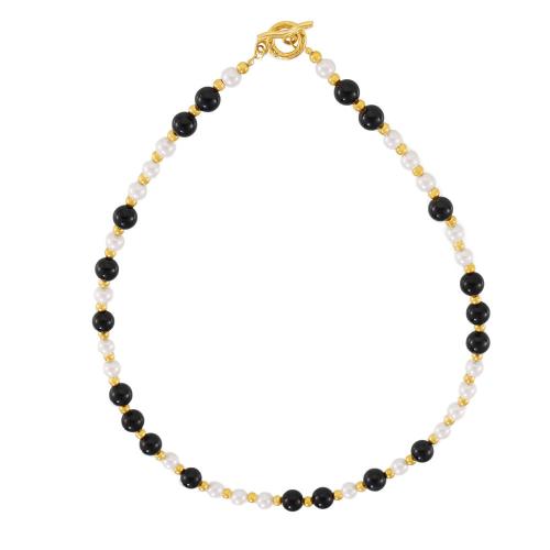 Collier d'acier titane, avec Shell Pearl & agate noire, bijoux de mode & pour femme, Longueur:Environ 46 cm, Vendu par PC