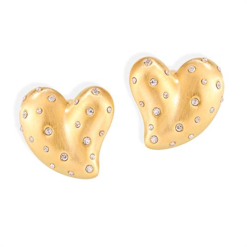 Brass Stud Earring, with Czech Rhinestone, Heart, fashion jewelry & for woman, golden, 27x27mm, Sold By Pair