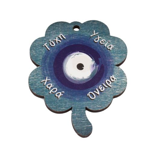 Evil Eye Pendants, Wood, Four Leaf Clover, printing, DIY & evil eye pattern, blue, 58x73x3.50mm, Hole:Approx 3.5mm, Sold By PC