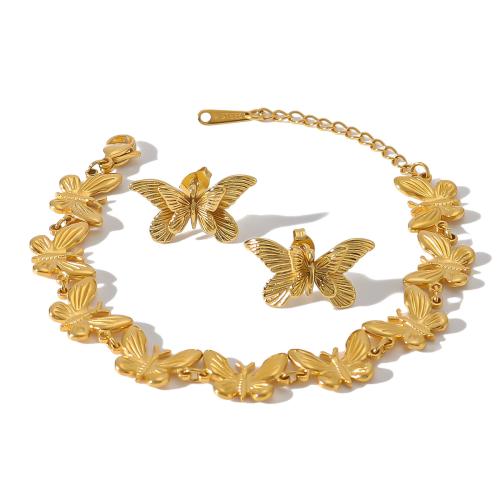 Conjuntos de joyería de acero inoxidable, Pendiente de stud & pulsera, acero inoxidable 304, Mariposa, chapado en color dorado, diferentes estilos para la opción & para mujer, más colores para la opción, Vendido por UD